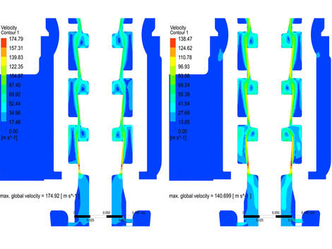 Kavitation Ventil: Geschwindigkeitsverteilung in der xy-Ebene der weiterentwickelten Ventilgeometrie (links) und der ursprünglichen Geometrie (rechts)