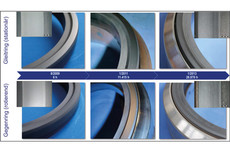 Diamond-coated mechanical seal: Comparison of the mechanical seal at the beginning and after 11.415h and 26.870h the the endurance test